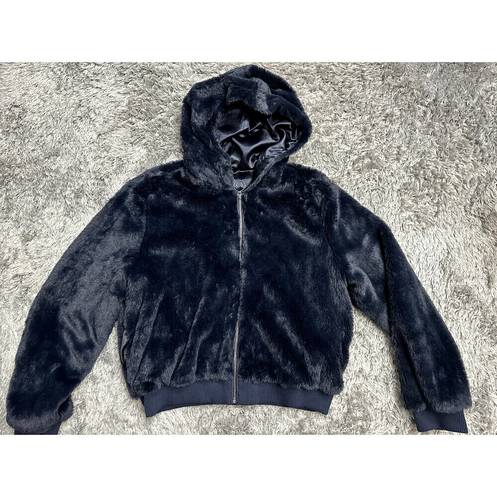 Design Lab Lord And Taylor Faux Fur Hooded Teddy Bomber Jacket In Navy Size L